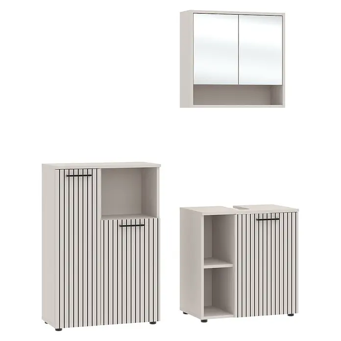 Respekta Badmöbel-Set Lina - Gesamtbreite Badmöbel: 135 cm, Kaschmir, Matt, Ohne Beleuchtung, 3 -tlg. - Hellbeiges Badmöbelset mit gerillten Türen und schwarzen Griffen, inkl. Waschtisch, Aufbewahrung und Spiegelschrank.