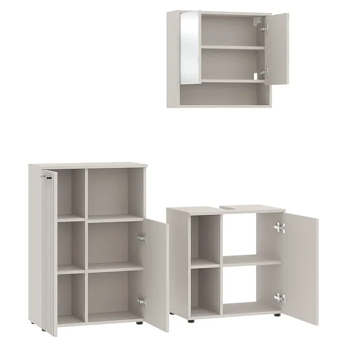 Respekta Badmöbel-Set Lina - Gesamtbreite Badmöbel: 135 cm, Kaschmir, Matt, Ohne Beleuchtung, 3 -tlg. - Drei hellbeige Badschränke: ein Wandschrank mit Spiegel, ein hoher Schrank mit gerillter Tür und eine niedrige Ablage.