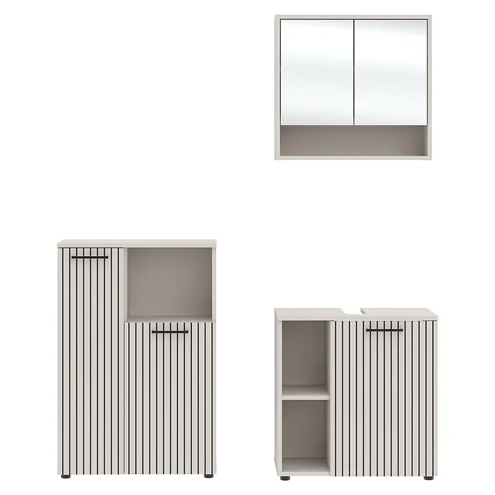 Respekta Badmöbel-Set Lina - Gesamtbreite Badmöbel: 135 cm, Kaschmir, Matt, Ohne Beleuchtung, 3 -tlg. - Drei hellbeige modulare Aufbewahrungsmöbel mit Lamellentüren und Spiegelschrank oben.