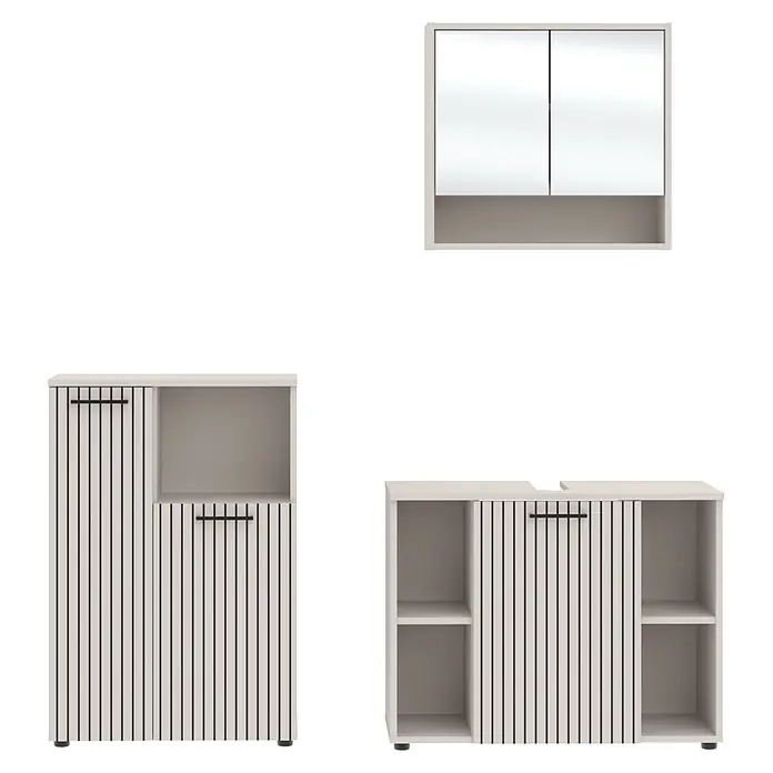 Respekta Badmöbel-Set Lina - Gesamtbreite Badmöbel: 155 cm, Kaschmir, Matt, Ohne Beleuchtung, 3 -tlg. - Helle beige Badezimmermöbel mit schwarzen Streifen: Spiegelschrank, hoher Schrank und Waschtischunterschrank mit Regalen.