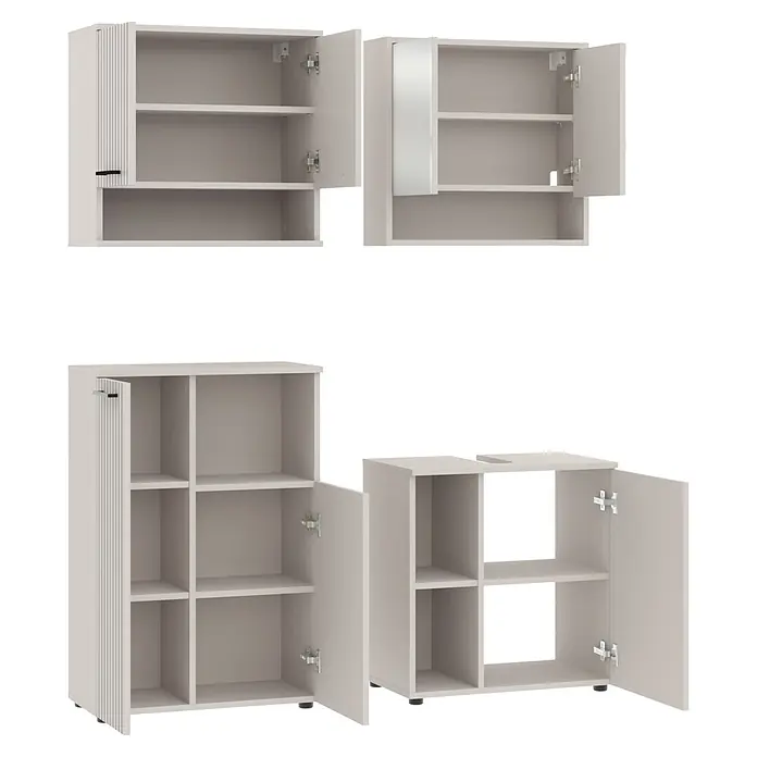 Respekta Badmöbel-Set Lina - Gesamtbreite Badmöbel: 135 cm, Kaschmir, Matt, Ohne Beleuchtung, 4 -tlg. - Hellgraue modulare Aufbewahrungsschränke mit offenen Regalen, geschlossenen Türen und einem Spiegelschrank.