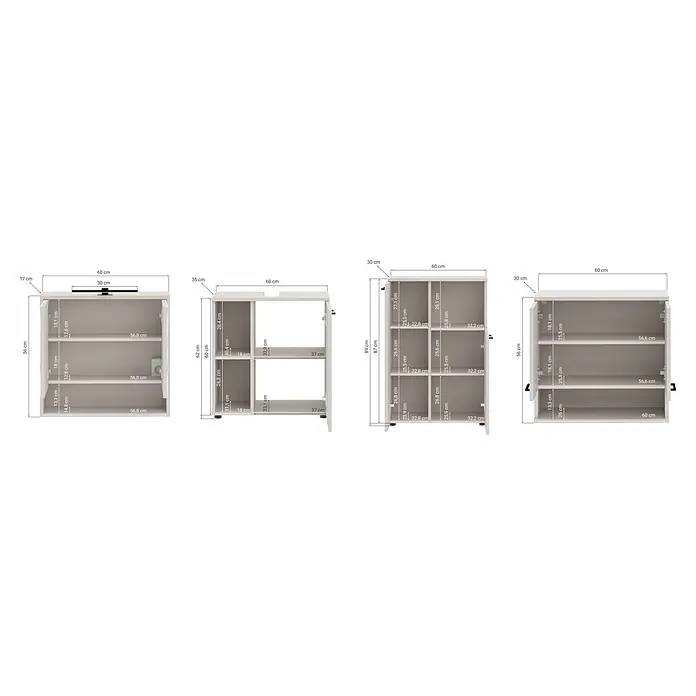 Respekta Badmöbel-Set Lina - Gesamtbreite Badmöbel: 135 cm, Kaschmir, Matt, Ohne Beleuchtung, 4 -tlg. - Maße heller beiger Holzschränke, die verschiedene Konfigurationen und interne Aufteilungen zeigen.