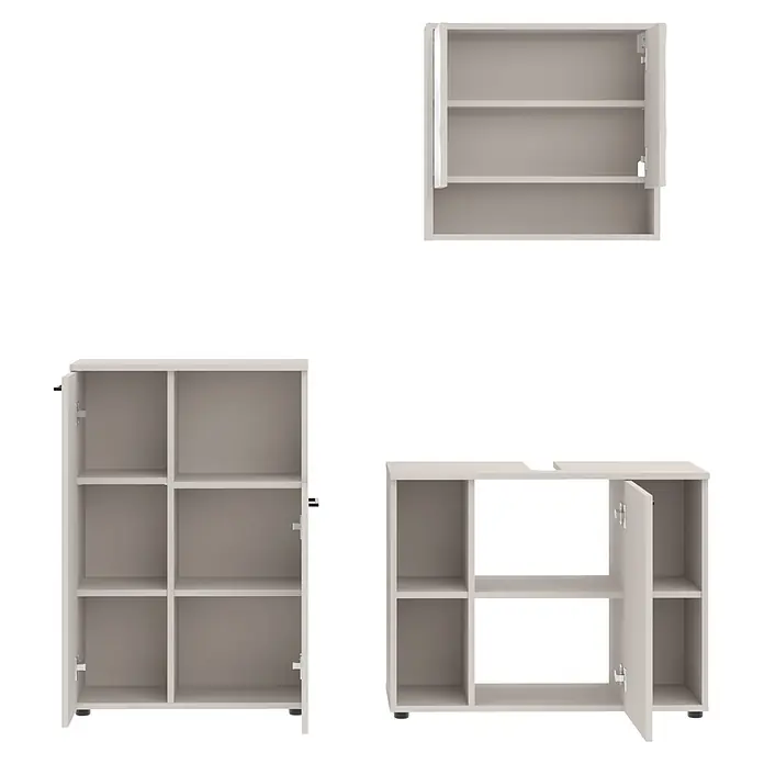 Respekta Badmöbel-Set Lina - Gesamtbreite Badmöbel: 155 cm, Kaschmir, Matt, Ohne Beleuchtung, 3 -tlg. - Hellebraune modulare Schränke mit geöffneten Türen, die mehrere Ablagefächer zeigen.