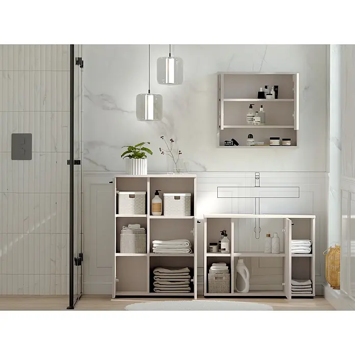 Respekta Badmöbel-Set Lina - Gesamtbreite Badmöbel: 155 cm, Kaschmir, Matt, Ohne Beleuchtung, 3 -tlg. - Hellbeige Badschränke mit Regalen und geschlossenen Fächern, gefüllt mit Handtüchern und Pflegeprodukten. Ein Schrank passt unter ein Waschbecken.