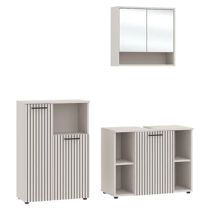 Respekta Badmöbel-Set Lina - Gesamtbreite Badmöbel: 155 cm, Kaschmir, Matt, Ohne Beleuchtung, 3 -tlg. - Hellbeiges Badmöbelset mit Lamellentüren und schwarzen Griffen, bestehend aus Hochschrank, Waschtischunterschrank und Hängeschrank.