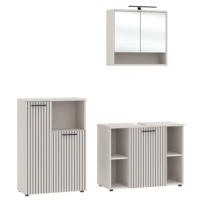 Respekta Badmöbel-Set Lina - Gesamtbreite Badmöbel: 155 cm, Kaschmir, Matt, Mit Beleuchtung, 3 -tlg. - Ein Set moderner hellgrauer Badschränke mit dunklen vertikalen Streifen und schwarzen Griffen, inklusive Spiegelschrank mit Licht und zwei Unterschränken.