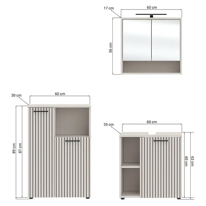 Respekta Badmöbel-Set Lina - Gesamtbreite Badmöbel: 135 cm, Kaschmir, Matt, Ohne Beleuchtung, 3 -tlg. - Badezimmermöbel-Set aus hellem Holz mit dunklen vertikalen Streifen, bestehend aus Spiegelschrank und zwei Unterschränken.