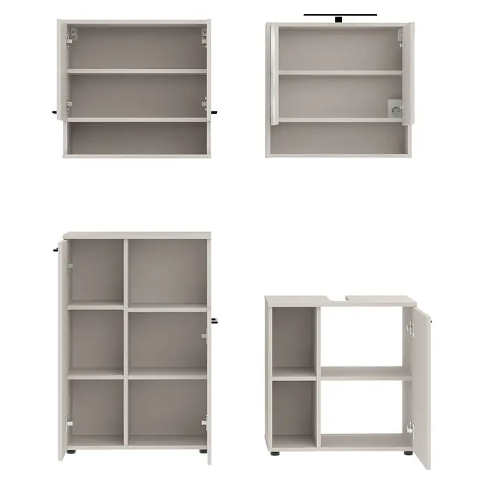 Respekta Badmöbel-Set Lina - Gesamtbreite Badmöbel: 135 cm, Kaschmir, Matt, Mit Beleuchtung, 4 -tlg. - Vier hellgraue Schränke, zwei wandmontiert und zwei stehend, mit Regalböden, Flügeltüren und einer Steckdose.