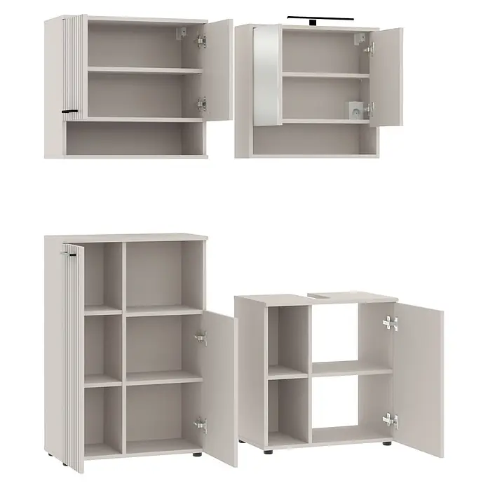 Respekta Badmöbel-Set Lina - Gesamtbreite Badmöbel: 135 cm, Kaschmir, Matt, Mit Beleuchtung, 4 -tlg. - Sammlung heller grauer Modulschränke mit offenen Türen, Regalböden, einer mit Riffelplatte, einer mit Spiegel und Steckdose.