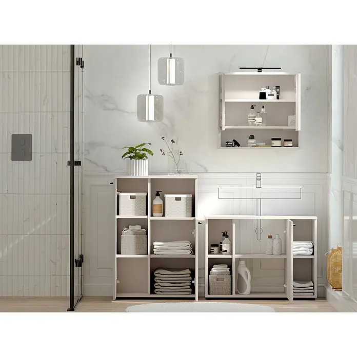 Respekta Badmöbel-Set Lina - Gesamtbreite Badmöbel: 155 cm, Kaschmir, Matt, Mit Beleuchtung, 3 -tlg. - Zwei hellbeige modulare Badregale mit mehreren Fächern und Körben.