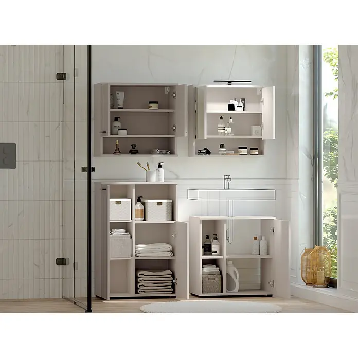 Respekta Badmöbel-Set Lina - Gesamtbreite Badmöbel: 135 cm, Kaschmir, Matt, Mit Beleuchtung, 4 -tlg. - Helles beiges Badschrank-Set (wandhängend und stehend) zur Organisation von Toilettenartikeln und Handtüchern.