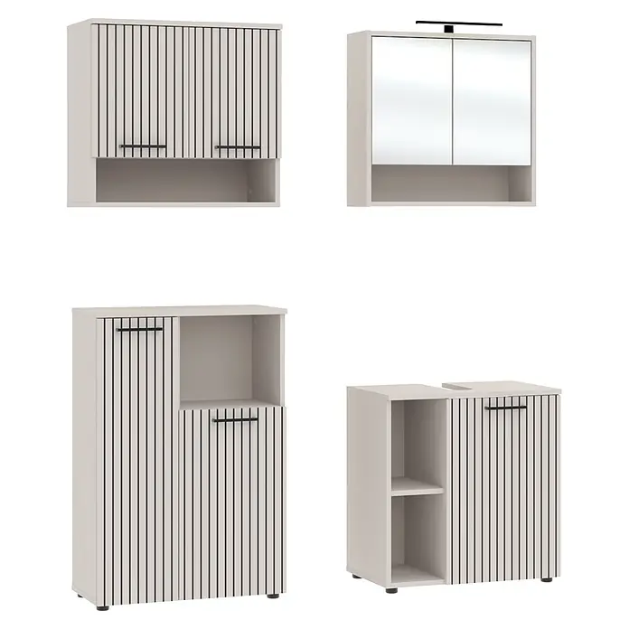 Respekta Badmöbel-Set Lina - Gesamtbreite Badmöbel: 135 cm, Kaschmir, Matt, Mit Beleuchtung, 4 -tlg. - Set weißer Schränke mit schwarzen vertikalen Streifen, Griffen und teils Spiegeltüren oder offenen Fächern.