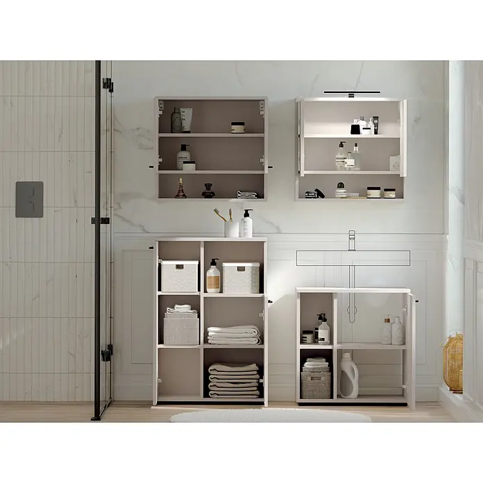 Respekta Badmöbel-Set Lina - Gesamtbreite Badmöbel: 135 cm, Kaschmir, Matt, Mit Beleuchtung, 4 -tlg. - Hellgraue Badezimmerschränke bieten Stauraum für Toilettenartikel und Handtücher.