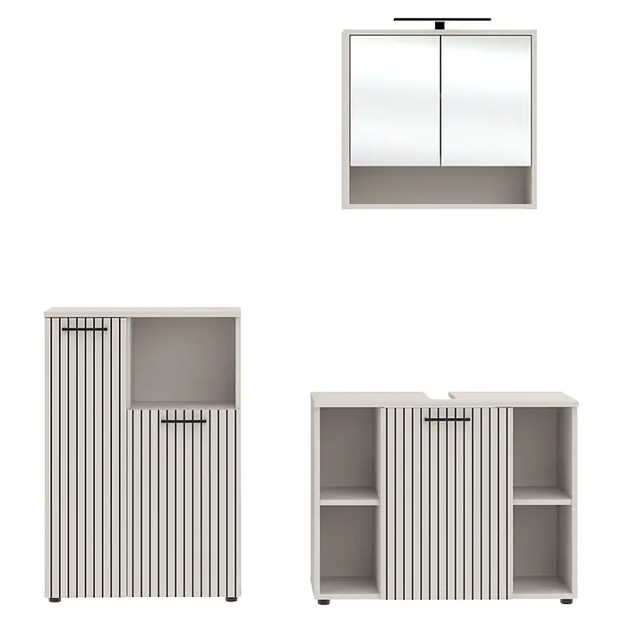 Respekta Badmöbel-Set Lina - Gesamtbreite Badmöbel: 155 cm, Kaschmir, Matt, Mit Beleuchtung, 3 -tlg. - Weißes Holzmöbel-Set mit schwarzen vertikalen Lamellen und Griffen, bestehend aus Spiegelschrank, hohem Schrank mit Regal und niedrigem Sideboard mit Regalen.