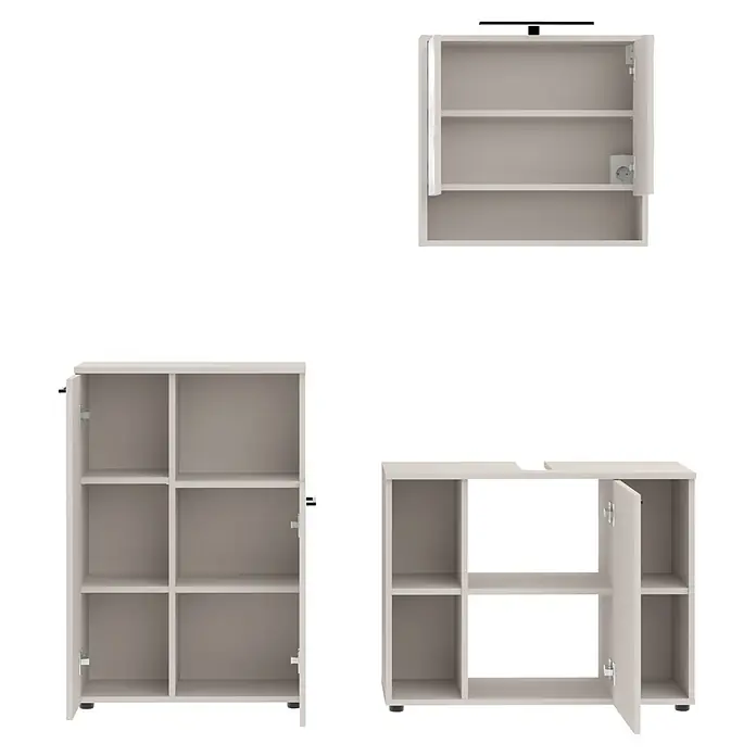 Respekta Badmöbel-Set Lina - Gesamtbreite Badmöbel: 155 cm, Kaschmir, Matt, Mit Beleuchtung, 3 -tlg. - Drei modulare hellgraue Aufbewahrungsschränke: ein Wandschrank mit Steckdose, ein Würfelregal und ein niedriger Schrank mit Tür und offenen Fächern.