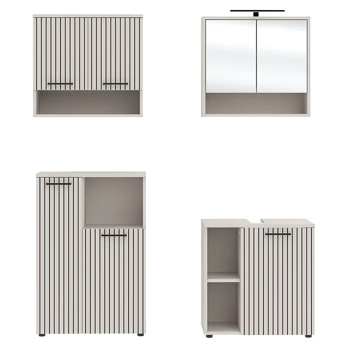 Respekta Badmöbel-Set Lina - Gesamtbreite Badmöbel: 135 cm, Kaschmir, Matt, Mit Beleuchtung, 4 -tlg. - Modulare weiße Badschränke mit schwarzen Akzenten, gestreiften und Spiegeltüren, offenen Fächern und Griffen.