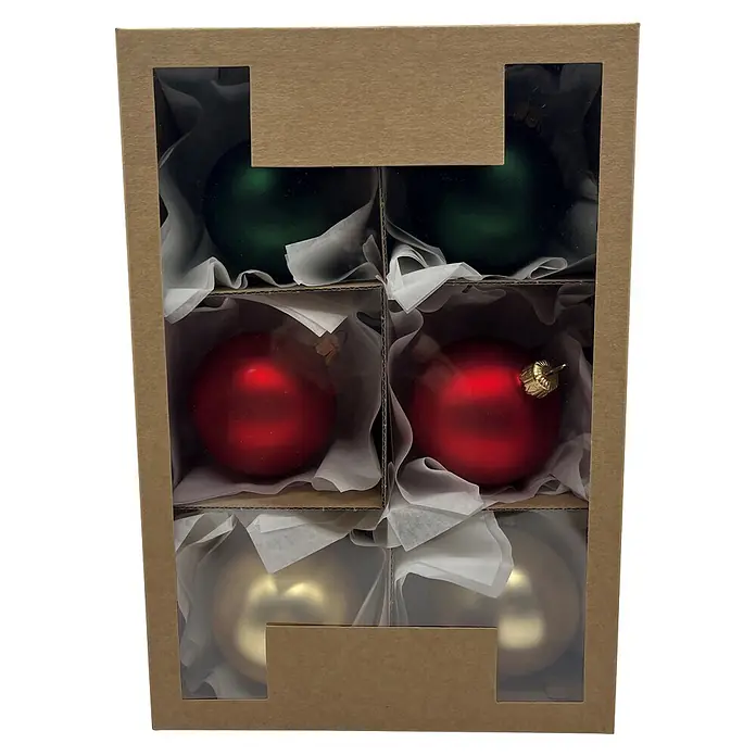 Christbaumkugel-Set - Rot, Grün, Gold, Glas, 6 Stk., Durchmesser: 7 cm - Kartonschachtel mit sechs matten Weihnachtskugeln: zwei grüne, zwei rote und zwei goldene. Mit weißem Seidenpapier verpackt.