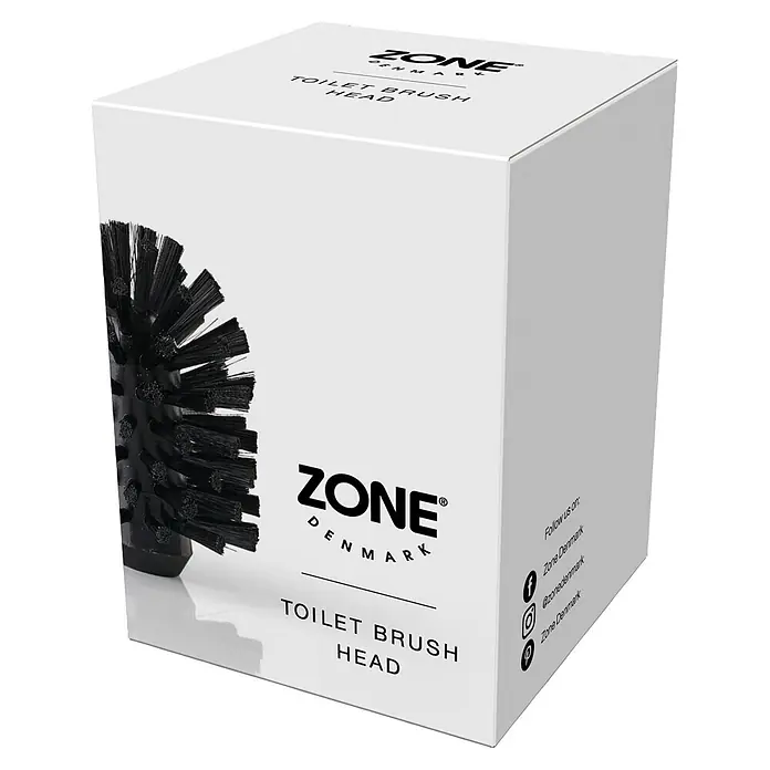 Zone Denmark Ersatzbürstenkopf RIM/Nova One/Solo/Karma - Schwarz, Kunststoff - Weiße Kartonverpackung für einen ZONE DENMARK Toilettenbürstenkopf, mit Bild eines schwarzen Bürstenkopfes und Branding.