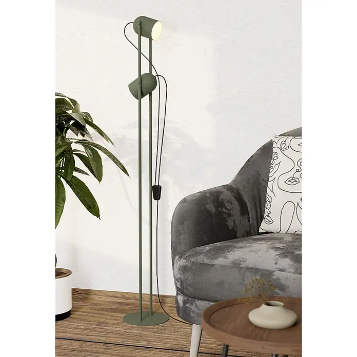 Eglo Tilston Lámpara de pie - 8 W, Altura: 142,5 cm, Verde, E14 - Lámpara de pie verde con dos cabezales ajustables, iluminando un sillón confortable.