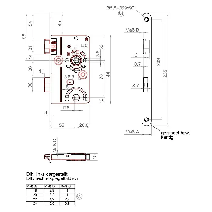 Bever Einsteckschloss mit Flüsterfalle - WC-Verriegelung, Dornmaß: 55 mm, Rechts, Stulpbreite: 24 mm, Stulpform: Eckig - Technische Zeichnung eines Türschlosses mit verschiedenen Ansichten und Bemaßungen.