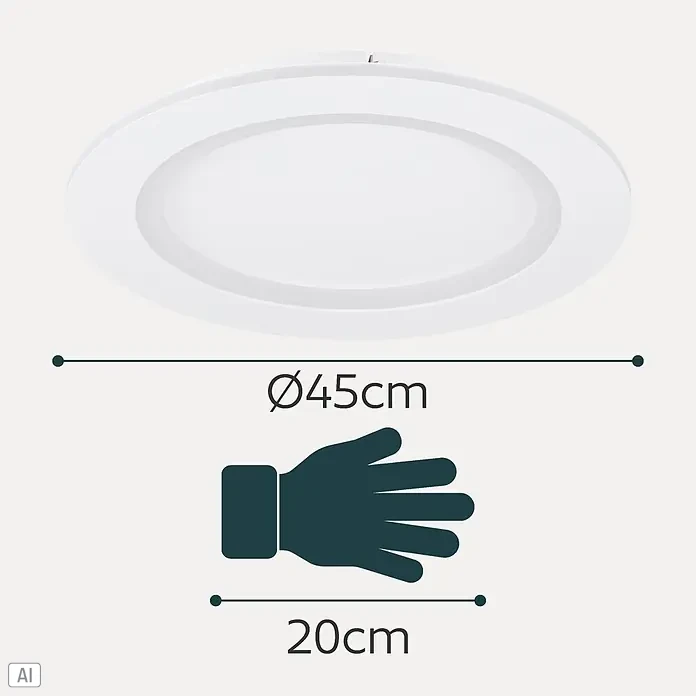 Eglo LED-Deckenleuchte Padrogiano-Z - Durchmesser: 45 cm, 2.700 K - 6.500 K, Warmweiß, Dimmbar - Weiße runde Deckenleuchte, Ø45cm, mit Hand (ca. 20cm) zur Größenreferenz.