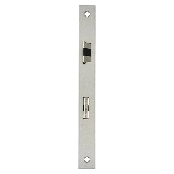 Bever Einsteckschloss mit Flüsterfalle - WC-Verriegelung, Dornmaß: 55 mm, Links, Stulpbreite: 24 mm, Stulpform: Eckig - Silbergraues Metallschließblech für Türschlösser mit rechteckigen Aussparungen für Falle und Riegel, sowie zwei ovalen Schraublöchern.