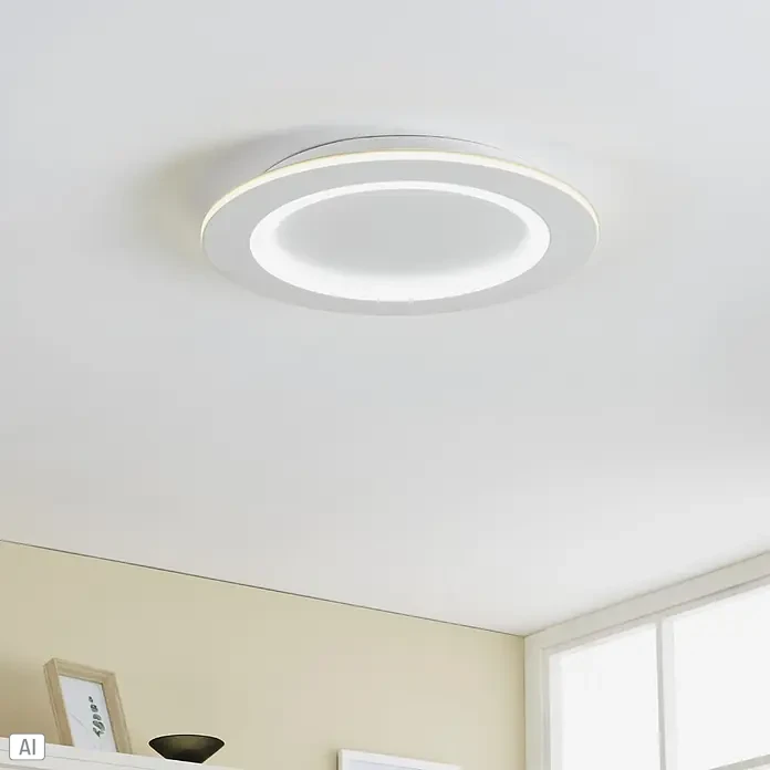 Eglo LED-Deckenleuchte Padrogiano-Z - Durchmesser: 45 cm, 2.700 K - 6.500 K, Warmweiß, Dimmbar - Runde weiße LED-Deckenleuchte, die einen Raum mit warmem Licht beleuchtet.