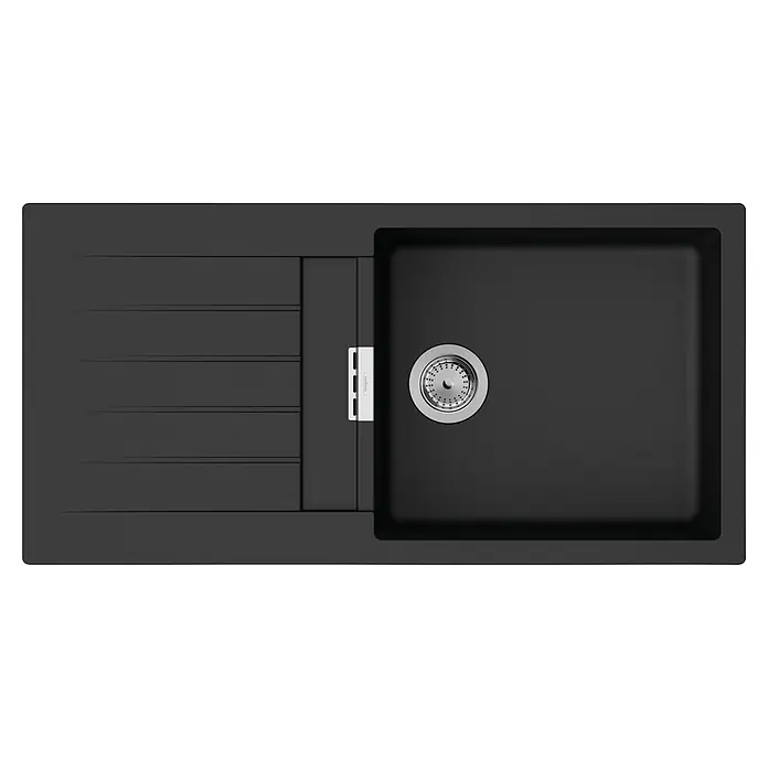 Hansgrohe Einbauspüle S52 - 100 x 50 cm, Graphiteschwarz - Dunkelgraue Küchenspüle mit integriertem Abtropfbrett und Chromsiebkorb. Inklusive kleinem weißen Bedienelement.