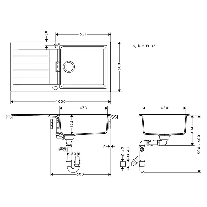 Hansgrohe Einbauspüle S52 - 100 x 50 cm, Graphiteschwarz - Technische Zeichnung einer Küchenspüle mit einem Becken und Abtropffläche, inklusive Maßen und Sanitäranschlüssen.
