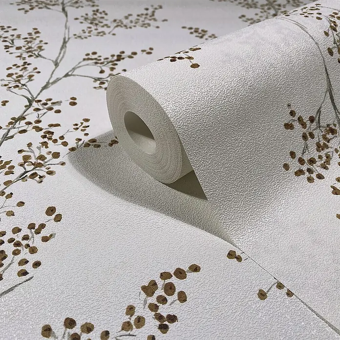 Marburg Novamur Plus Fresh UP Papel pintado de vellón Rama - Blanco/Verde, Floral, 10 x 0,53 m - Rollo de papel tapiz blanco texturizado con ramas marrones y motivos de bayas.