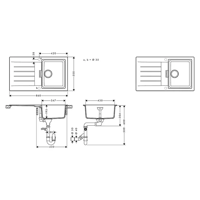 Hansgrohe Einbauspüle S52 - 48 x 84 cm, Grau - Technische Zeichnung einer Küchenspüle mit Abtropffläche, Draufsicht, Seitenansicht und Schnittansicht mit Maßen.