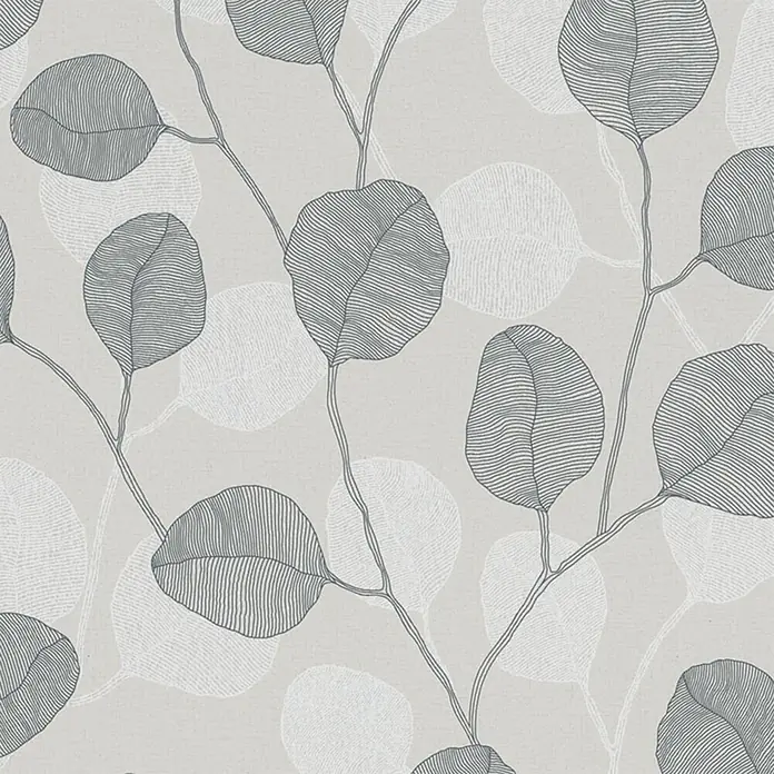 Marburg GZSZ Vinyltapete Blätterranke - Grau/Schwarz/Weiß, Floral, 10 x 0,53 m - Tapete mit Blattmuster in Grau und Off-White auf hellbeigem Untergrund.