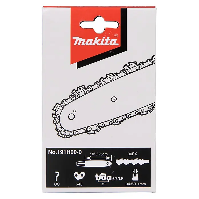 Sägekette - Passend für: Kettensägen mit 25 cm Sägeschienen, 1,1 mm Schienennutbreite und 3/8"-Teilung - Makita Sägekette Nr. 191H00-0, 25cm, 3/8"LP, 1,1mm, in Verpackung dargestellt.