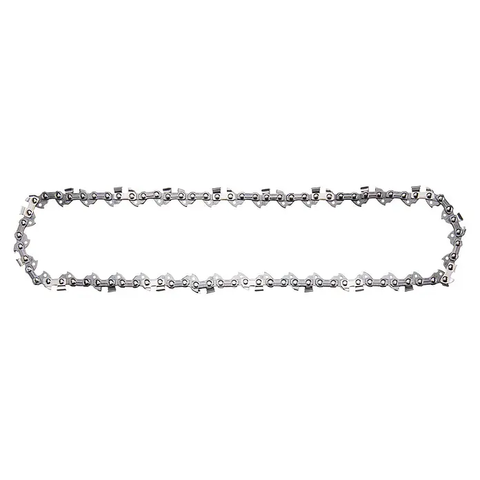 Sägekette - Passend für: Kettensägen mit 25 cm Sägeschienen, 1,1 mm Schienennutbreite und 3/8"-Teilung - Eine neue, silberne Motorsägenkette, oval angeordnet.