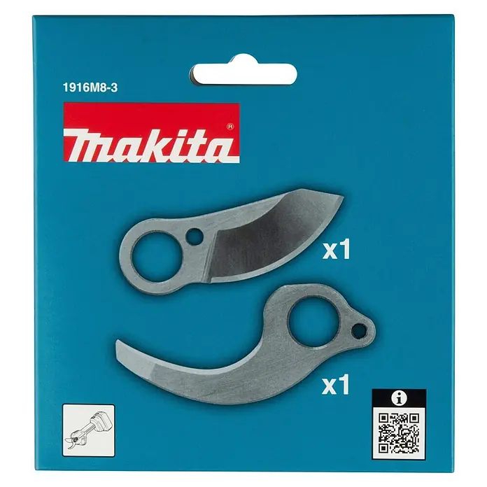 Makita Ersatzmesser-Set - Passend für: Astschere DUP181Z - Makita 1916M8-3 Ersatzklingen für Astscheren. Zwei Metallklingen auf blauer Verpackung, eine gebogen, eine gerade.