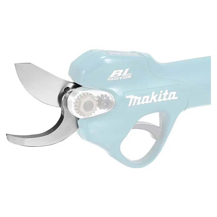 Makita Ersatzmesser-Set - Passend für: Astschere DUP181Z - Hellblaue Makita elektrische Astschere mit silbernen Klingen und sichtbaren Zahnrädern.