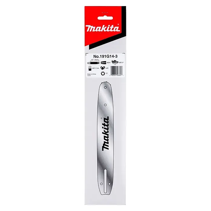 Makita Sägeschwert - Passend für: Kettensägen mit A041 Aufnahme - Makita 10 Zoll (25 cm) silberne Kettensägenführungsschiene in rot-weißer Produktverpackung mit sichtbaren Spezifikationen.