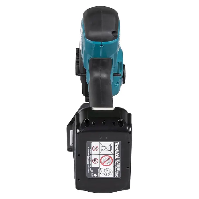 Makita LXT 18V Einhand-Akku-Kettensäge DUC101RX06 - 18 V, Li-Ionen, 2 Akkus, Schwertlänge: 10 cm - Blau-grünes und schwarzes Makita Akkuwerkzeug mit Akkupack, von oben gesehen.