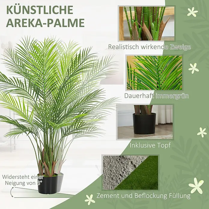 Homcom Kunstpflanze Lebensechtes Design -  - Künstliche Areca-Palme mit realistischen grünen Blättern, dauerhaft immergrün, in einem stabilen schwarzen Topf mit Zement- und Beflockungsfüllung.
