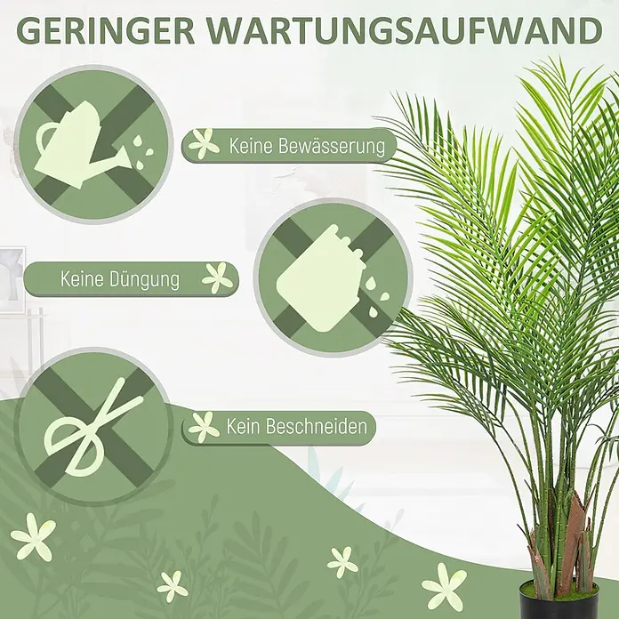 Homcom Kunstpflanze Lebensechtes Design -  - Ein künstlicher Palmenbaum im Topf, der seine geringen Pflegevorteile wie kein Gießen, Düngen oder Schneiden hervorhebt. Realistische grüne Blätter in einem schwarzen Topf.