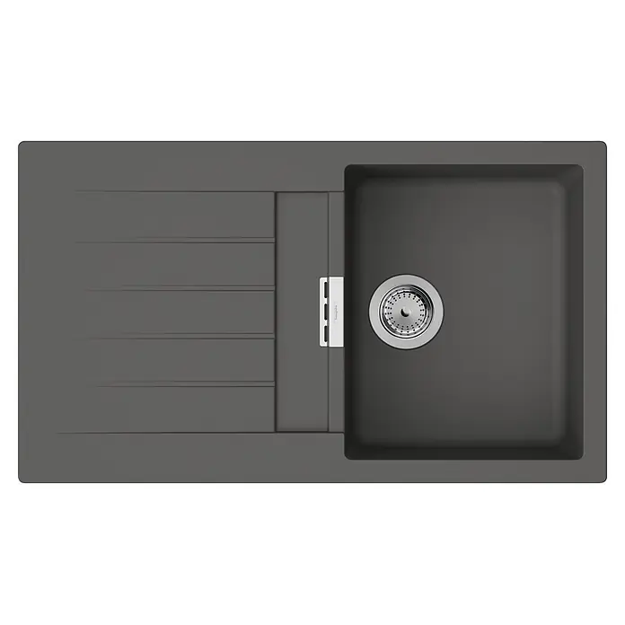 Hansgrohe Einbauspüle S52 - 48 x 84 cm, Grau - Dunkelgraue Küchenspüle mit Abtropffläche und verchromtem Abfluss.