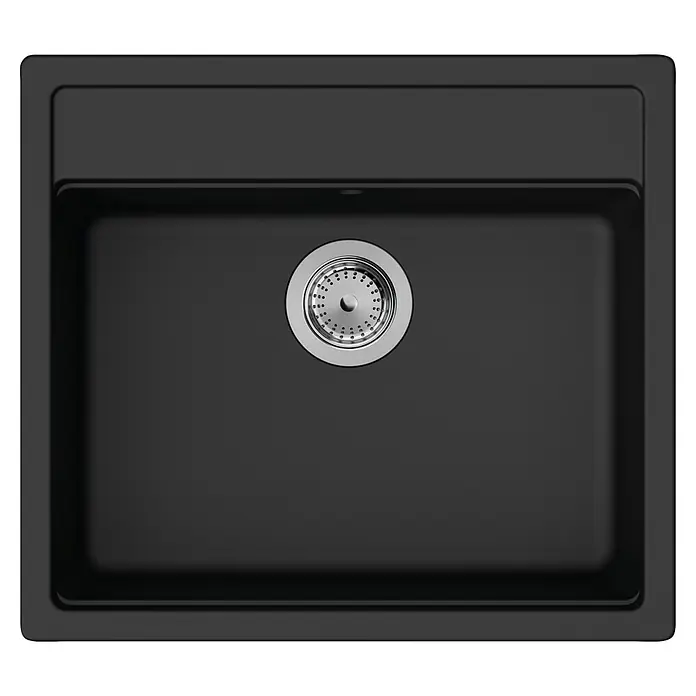 Hansgrohe Einbauspüle S52 - 57 x 51 cm, Graphiteschwarz - Rechteckiges, einflügeliges schwarzes Küchenspülbecken mit rundem Edelstahl-Siebkorbventil von oben gesehen.