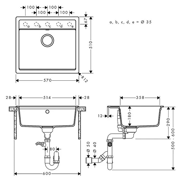 Hansgrohe Einbauspüle S52 - 57 x 51 cm, Graphiteschwarz - Technische Zeichnung eines rechteckigen Spülbeckens mit Draufsicht, Vorderansicht und Seitenansicht, inklusive detaillierter Maße für die Installation.