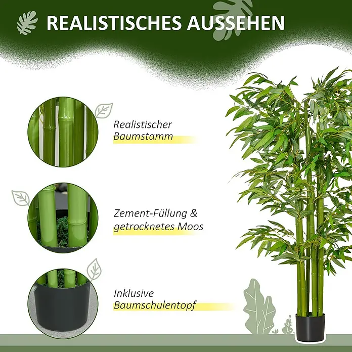 Homcom Kunstpflanze Hochwertigkeit, die strahlt -  - Künstliche Bambuspflanze mit realistischen Stämmen, Zementfüllung, getrocknetem Moos und schwarzem Baumschulentopf.