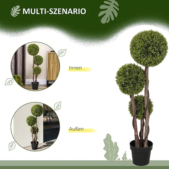 Homcom Kunstpflanze Natürlicher Look -  - Künstlicher Topiari-Baum mit grünem Kugellaub und braunen, verflochtenen Stämmen im schwarzen Topf, für Innen- und Außenbereich.