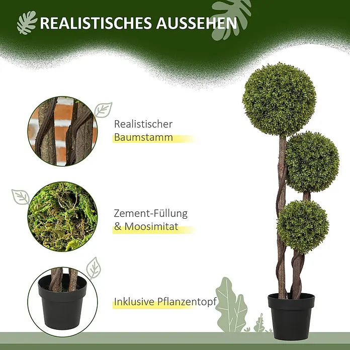 Homcom Kunstpflanze Natürlicher Look -  - Künstliche Kugelbaum-Topiari mit drei grünen Blätterkugeln, realistischem Stamm und schwarzem Topf.