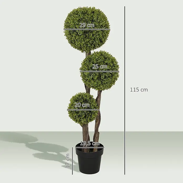Homcom Kunstpflanze Natürlicher Look -  - Künstlicher Buchsbaum, 115 cm hoch, mit drei grünen Kugeln (29, 25, 20 cm Durchmesser) in einem schwarzen Topf (17 cm hoch, 19,5 cm breit).