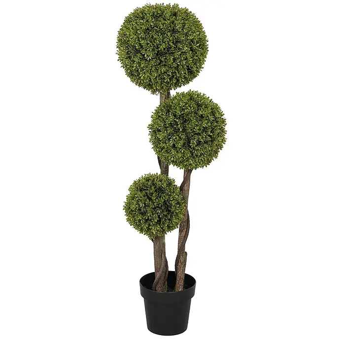 Homcom Kunstpflanze Natürlicher Look -  - Dreistufige künstliche Topiary-Pflanze mit grünen Blättern und gedrehten braunen Stämmen in einem schwarzen Topf.
