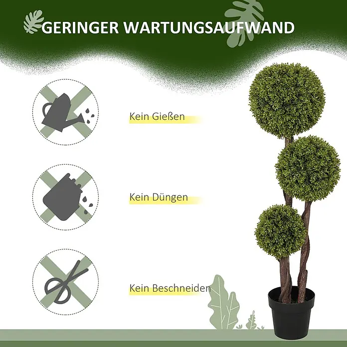 Homcom Kunstpflanze Natürlicher Look -  - Künstlicher grüner Buchsbaum im schwarzen Topf mit drei runden Büschen, der geringen Wartungsaufwand zeigt.