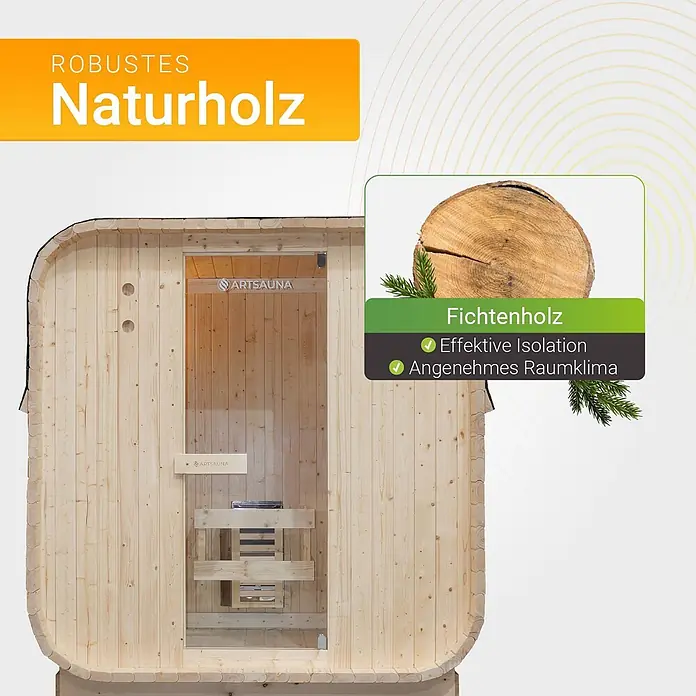 Artsauna Fasssauna Nolvik - Holz, L x B x H: 120 x 185 x 194 cm - Sauna aus hellem Naturholz, robustes Fichtenholz für effektive Isolierung und angenehmes Raumklima.